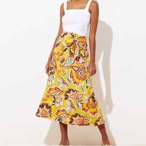 Ann Taylor LOFT Skirt Yellow Floral Belted Long S Small New